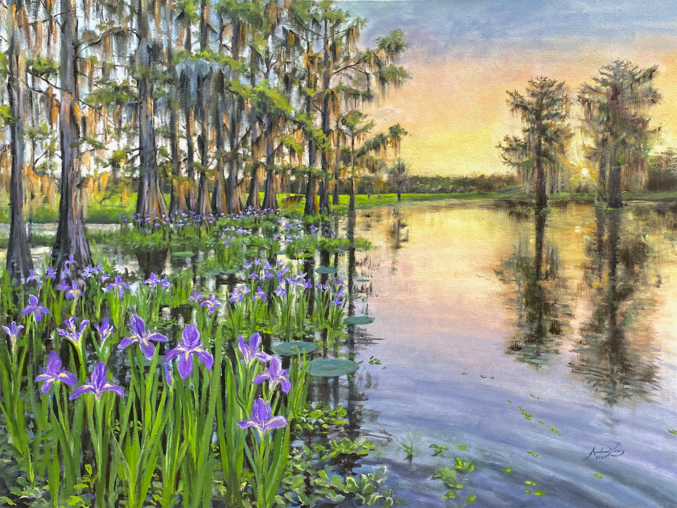 30x40" Bayou Sunset Oil Painting on Canvas, Custom Heart Pine Frame