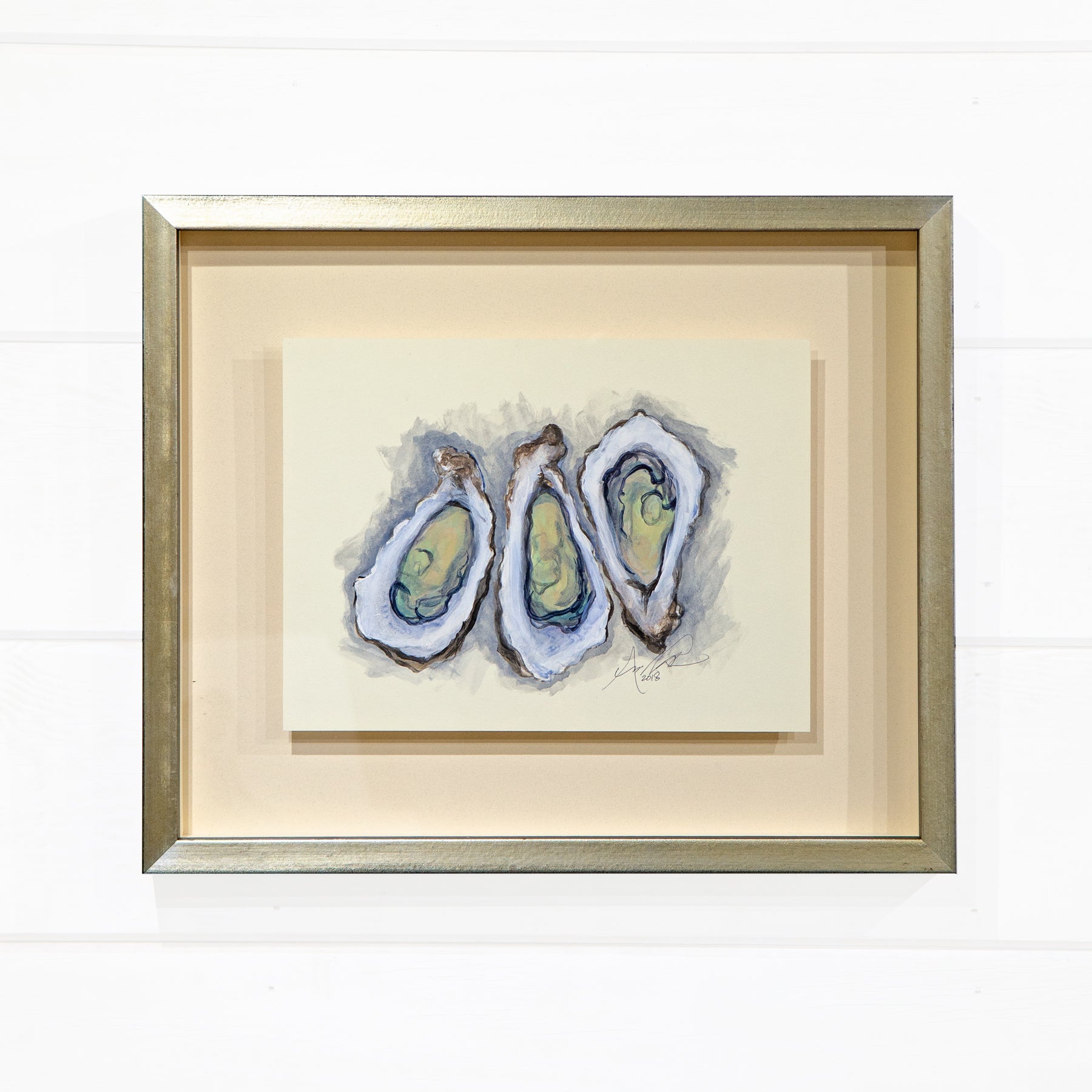 3 Oysters, Floated in Shadowbox Frame