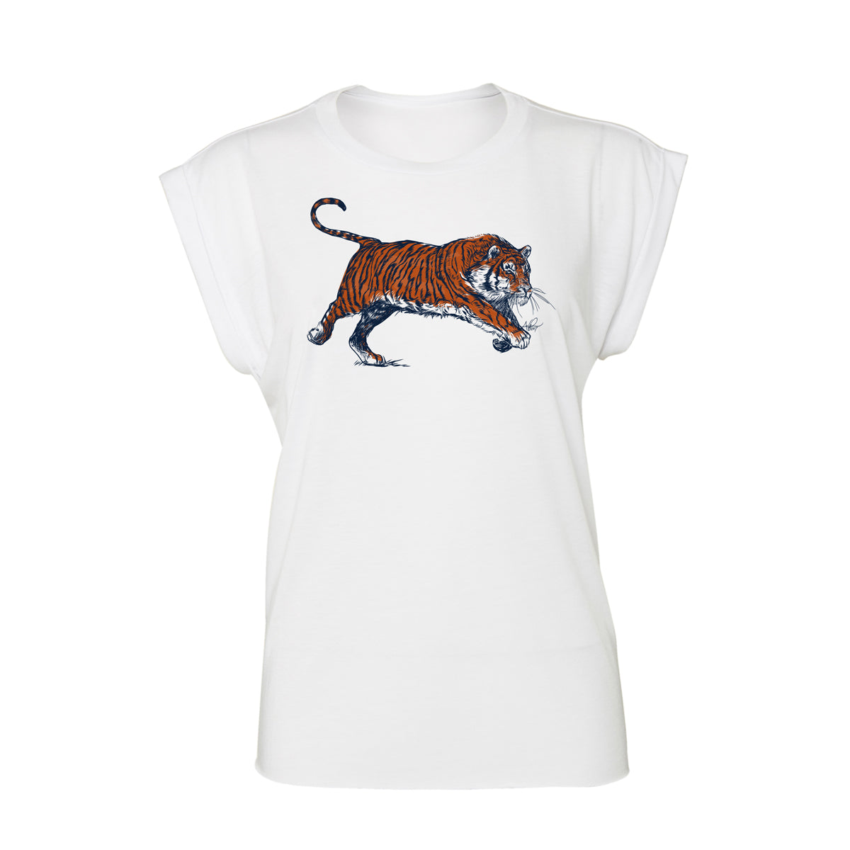 Charging Tiger Women's Top, Burnt Orange & Navy on White