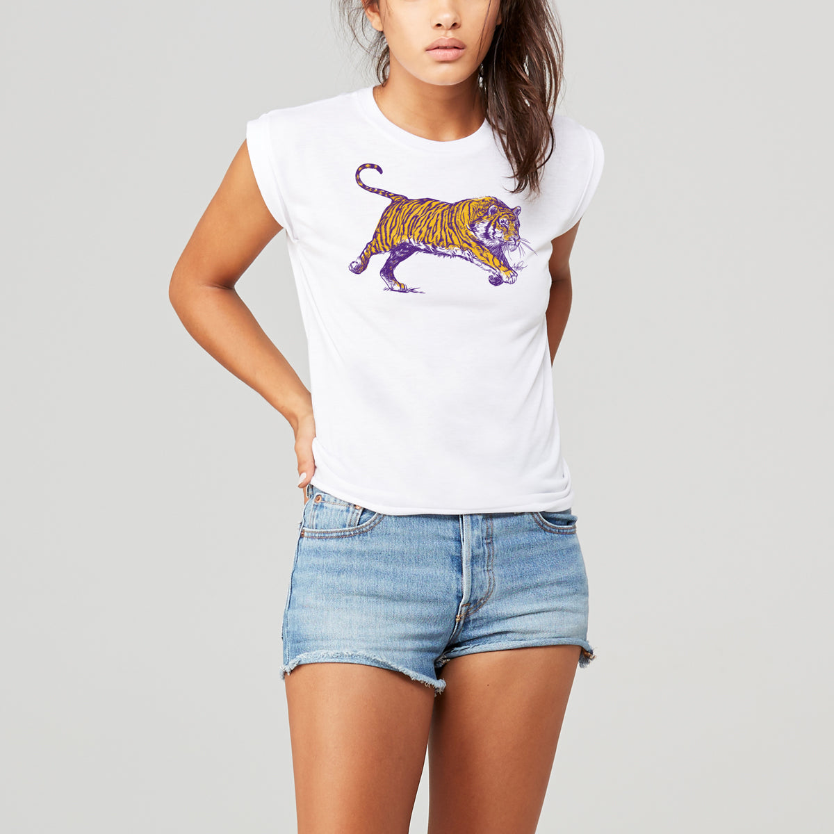 Charging Tiger Women's Top, Purple & Gold on White