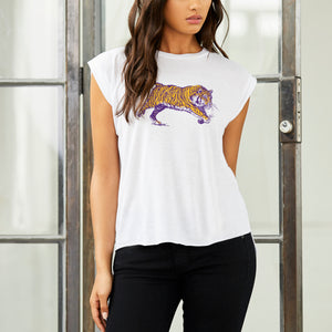 Charging Tiger Women's Top, Purple & Gold on White