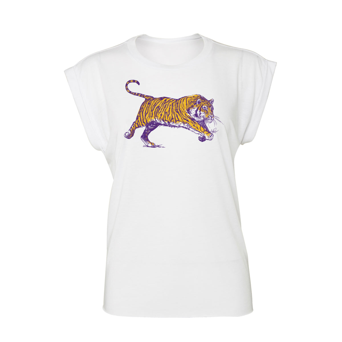 Charging Tiger Women's Top, Purple & Gold on White - Andrew Lee Design