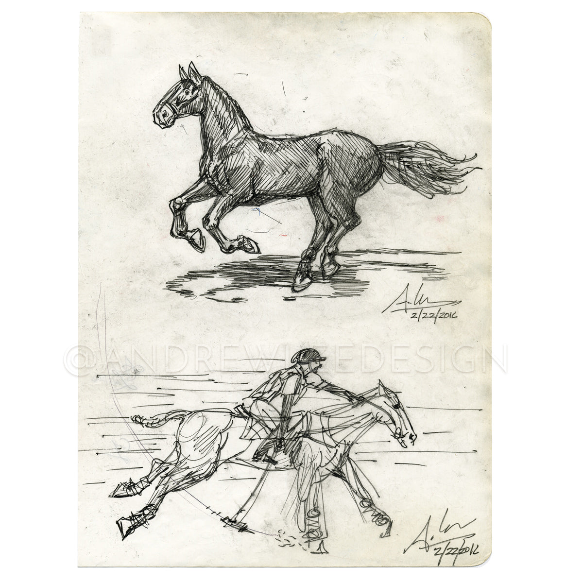 Horses and Polo Player Study, 7.25 x 10"