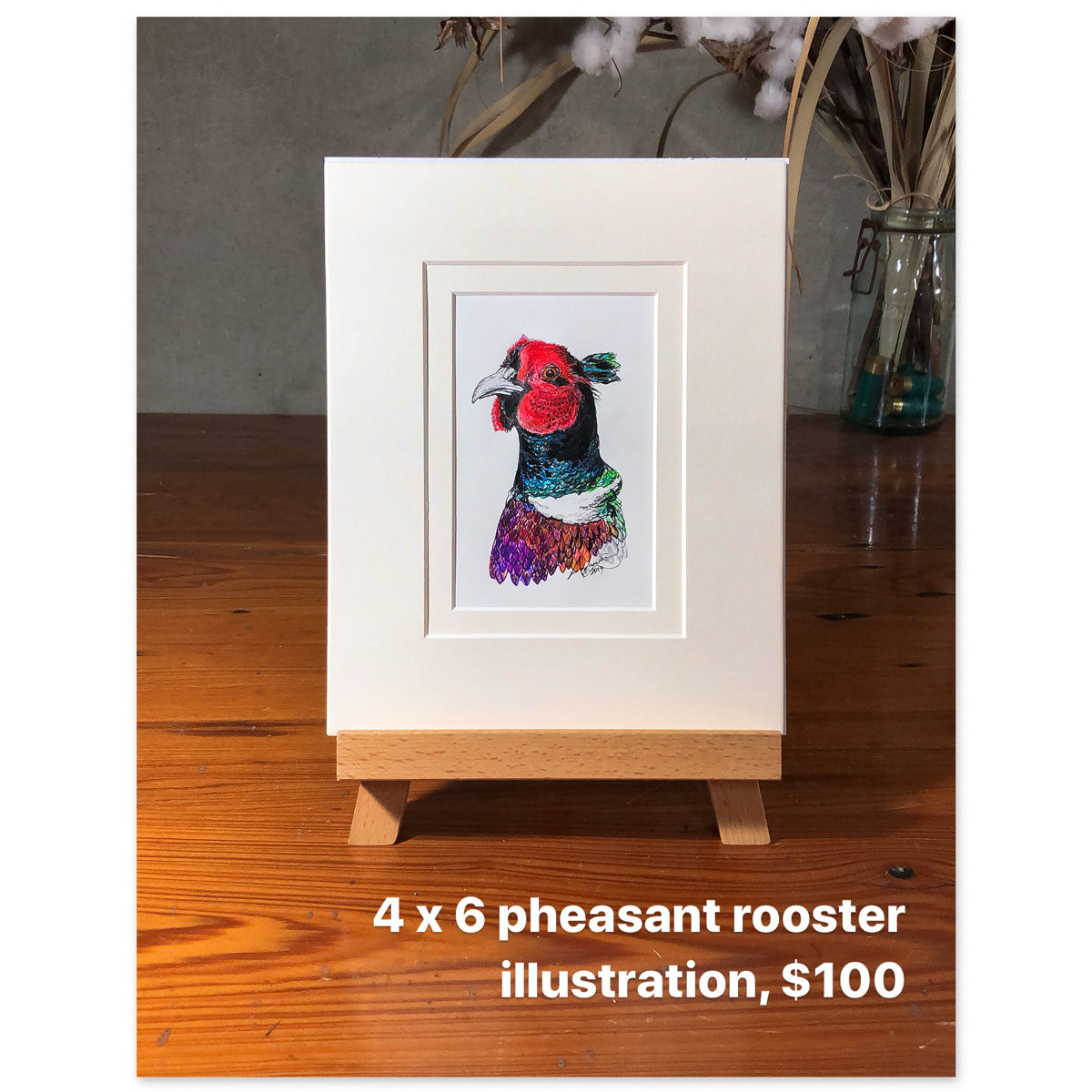 Pheasant Rooster Portrait Ink Study, 4x6"